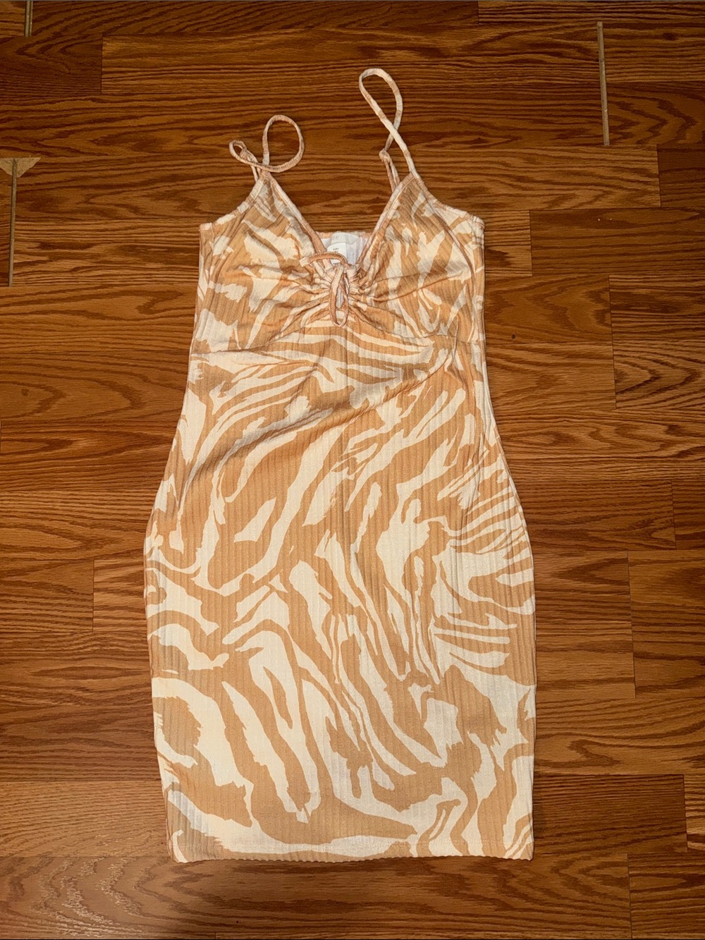 Spaghetti Strap Beige Tiger-Print Bodycon Dress
